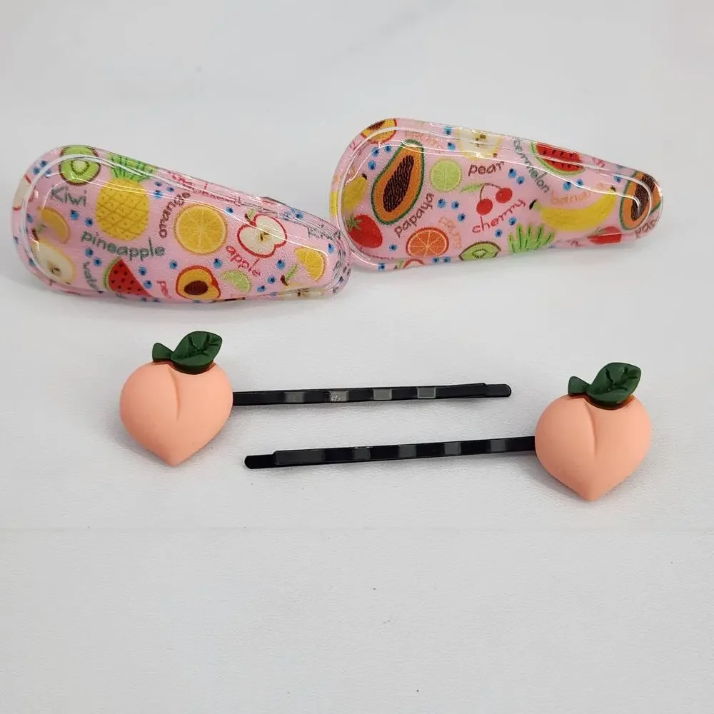 4 pc Fruit Hair Accessories 2 Peach bobby pins 2 Multi Fruit snap barrette clips